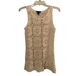 Cream Crochet Long Tank Top with Floral Pattern Size S Boho Festival Cottage